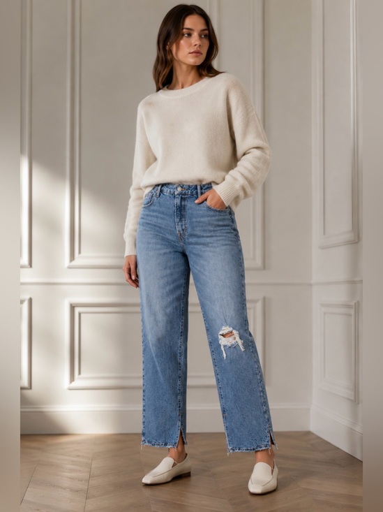 Good American Denim - Good American Distressed Straight Leg Jeans Women’s Size 15 Raw Hem Side Slit